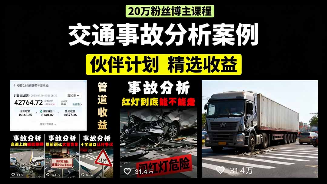交通事故分析案例短视频，剪辑技巧+文案模板+配音教学+快速起号 月收益2w+-网创资源站
