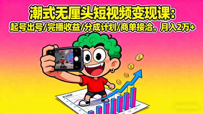 潮式无厘头短视频变现课：起号出号/完播收益/分成计划/商单接洽，月入2万+-网创资源站