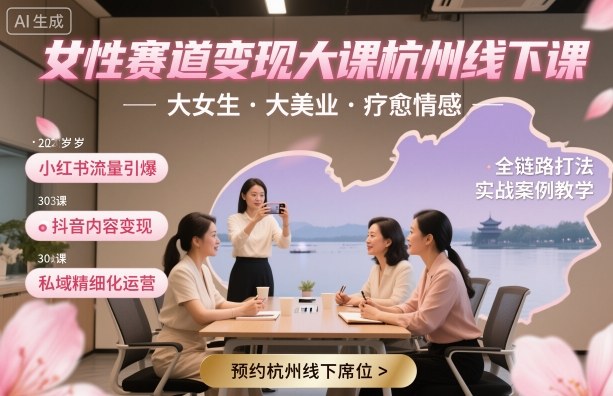 女性赛道变现大课杭州线下，大女生，大美业，疗愈情感，一套小红书、抖音、私域全链路打法-网创资源站