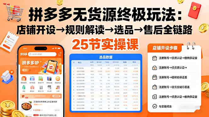 拼多多无货源终极玩法：店铺开设→规则解读→选品→售后全链路,25节实操课-网创资源站