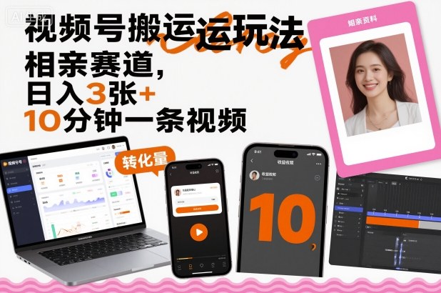 视频号搬运玩法，相亲赛道，日入3张+，10分钟一条视频-网创资源站