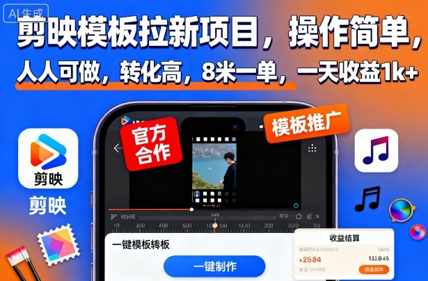 剪映模板拉新项目，操作简单，人人可做，转化高，8米一单，一天收益1k+-网创资源站