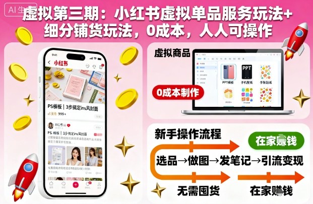 虚拟第三期：小红书虚拟单品服务玩法+细分铺货玩法，0成本，人人可操作-网创资源站