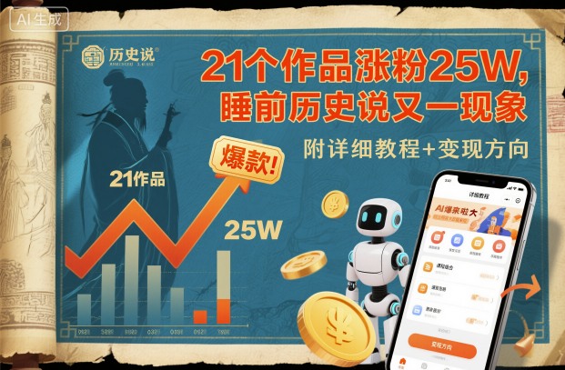 21个作品涨粉25W，睡前历史说又一现象级AI内容大爆款来啦，附详细教程+变现方向-网创资源站