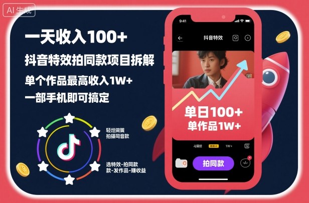 一天收入100+，抖音特效拍同款项目拆解，单个作品最高收入1W+，一部手机即可搞定-网创资源站