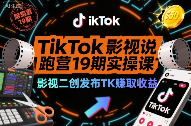 TikTok影视解说陪跑营19期实操课，影视二创发布TK賺取收益，万播收益50美金-网创资源站