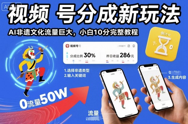 视频号分成新玩法，AI非遗文化流量巨大，小白10分钟搞定，完整教程-网创资源站