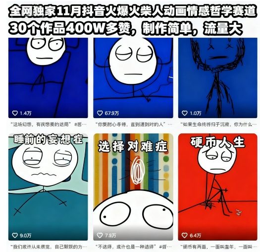 全网独家11月抖音火爆火柴人动画情感哲学赛道，30个作品400W多赞，制作简单，流量大【教学+素材】-网创资源站