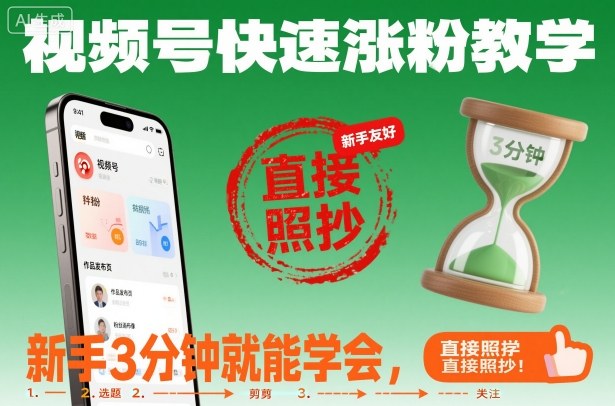 视频号快速涨粉教学，新手3分钟就能学会，直接照抄！-网创资源站
