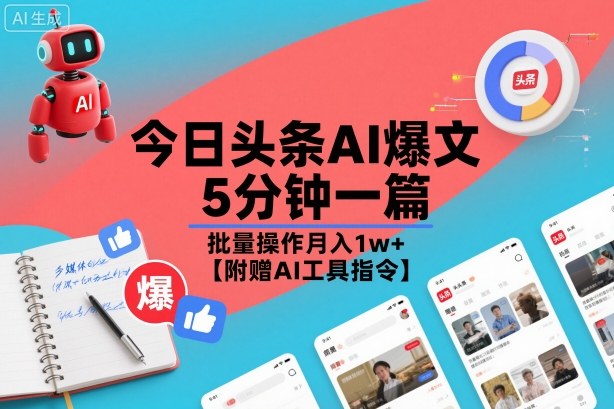 今日头条AI爆文，5分钟一篇，批量操作月入1w+【附赠AI工具指令】-网创资源站