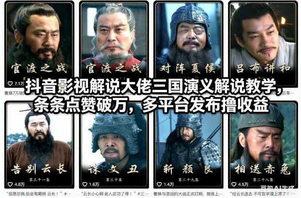 抖音影视解说大佬三国演义解说教学，条条点赞破万，多平台发布撸收益-网创资源站