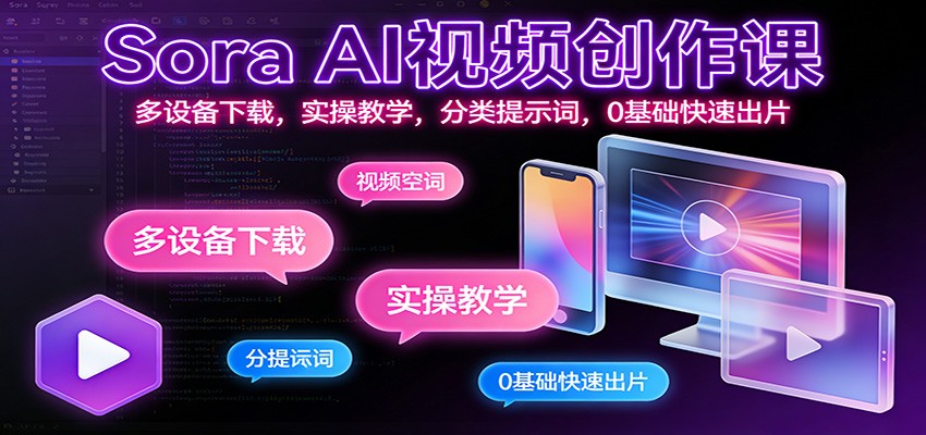 Sora AI视频创作课：多设备下载，实操教学，分类提示词，0基础快速出片-网创资源站