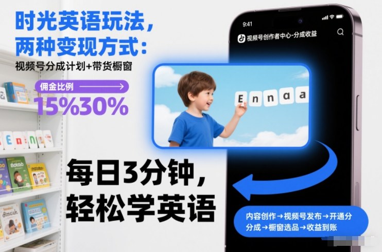 时光英语玩法，两种变现方式：视频号分成计划+带货橱窗-网创资源站