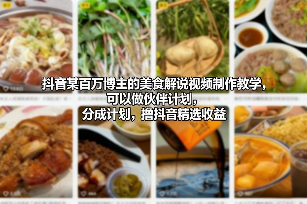 抖音某百万博主的美食解说视频制作教学，可以做伙伴计划，分成计划，撸抖音精选收益-网创资源站