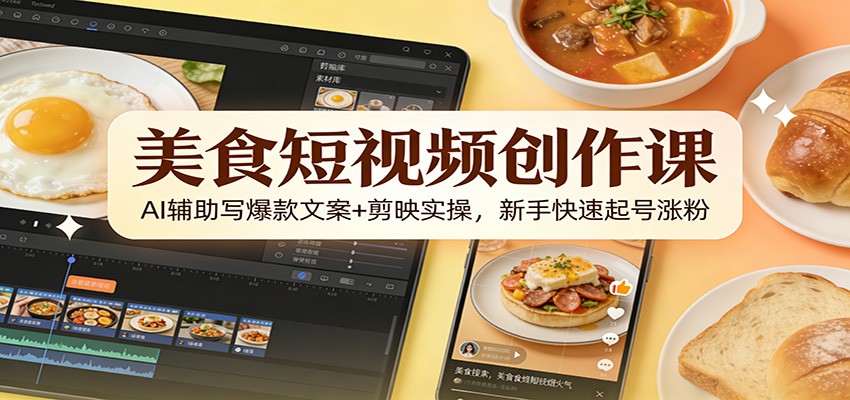 美食短视频创作课：AI辅助写爆款文案+剪映实操，新手快速起号涨粉-网创资源站