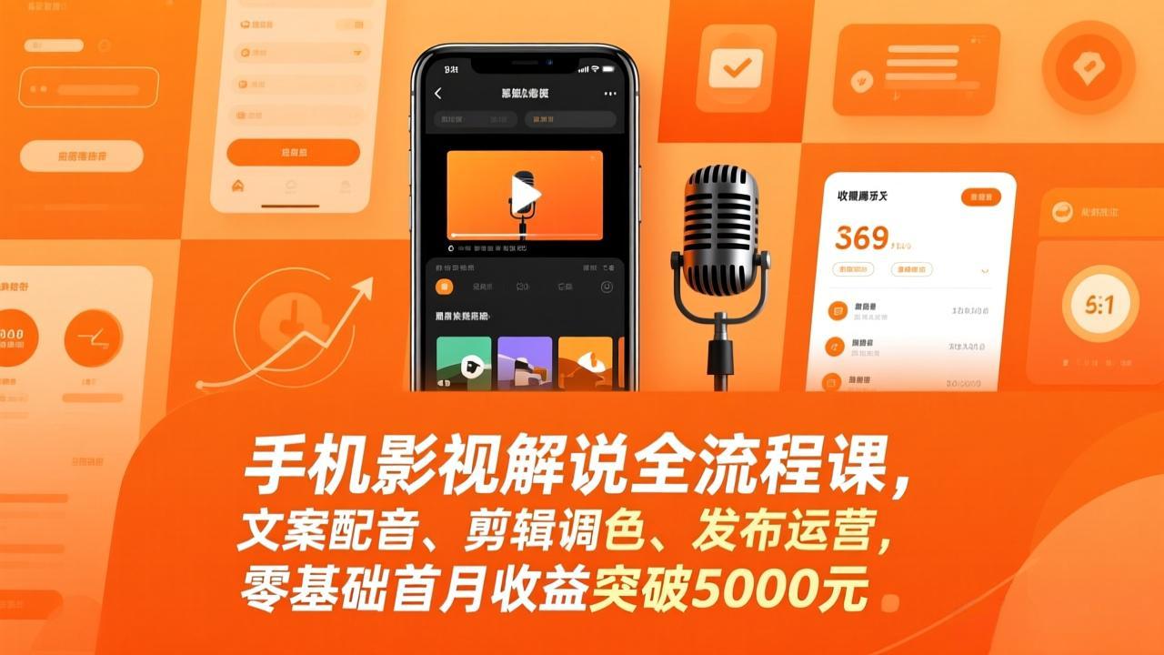 手机影视解说全流程课，文案配音、剪辑调色、发布运营，零基础收益突破5000元-网创资源站
