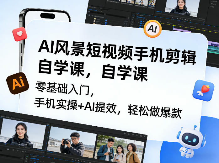 AI风景短视频手机剪辑自学课，零基础入门，手机实操+AI提效，轻松做爆款-网创资源站