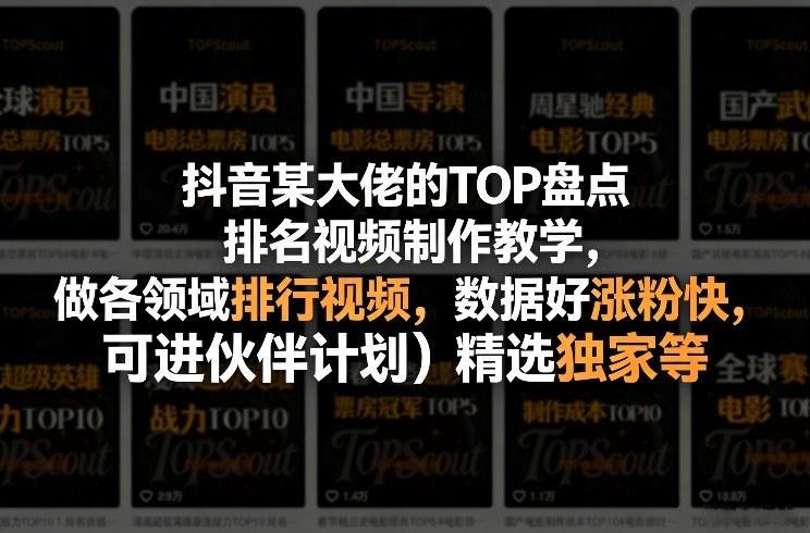 抖音某大佬的TOP盘点排名视频制作，做各领域排行视频，数据好涨粉快，可进伙伴计划＋精选独家等-网创资源站