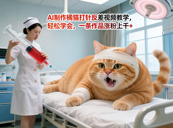 AI制作橘猫打针反差视频教学，轻松学会，一条作品涨粉上千+-网创资源站