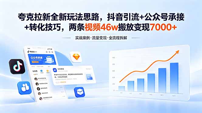 夸克拉新全新玩法思路，抖音引流+公众号承接+转化技巧，两条视频46w搬放 变现7000+-网创资源站