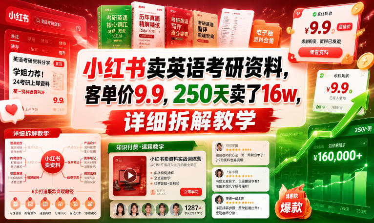 小红书卖英语考研资料，客单价9.9，250天卖了16w，详细拆解教学-网创资源站