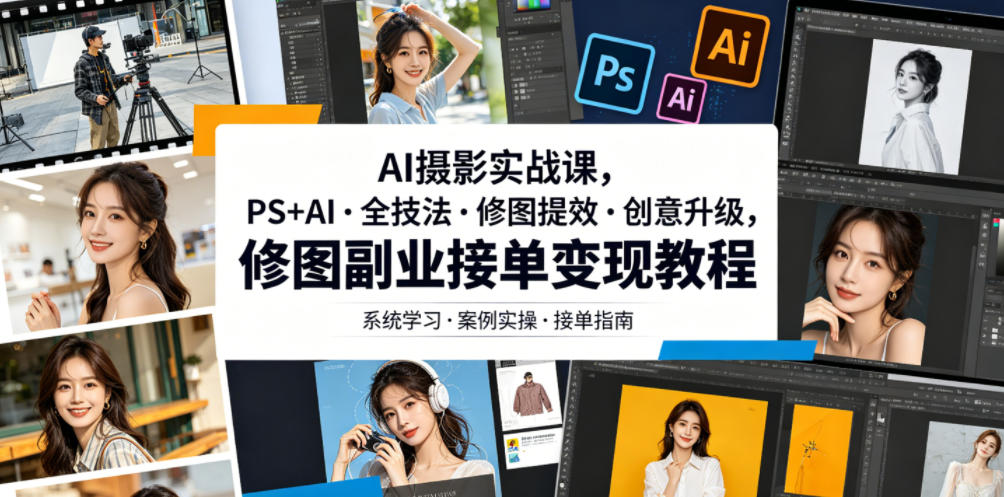 AI摄影实战课，PS+AI・全技法・修图提效・创意升级，修图副业接单变现教程-网创资源站