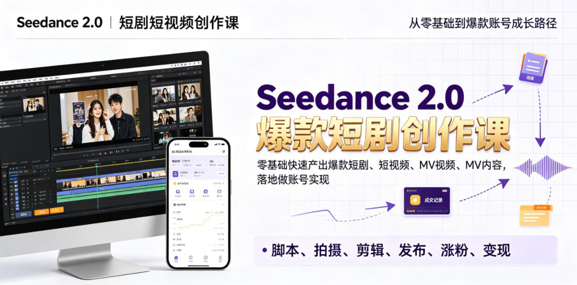 Seedance 2.0短剧短视频创作课，零基础快速产出爆款短剧、短视频、MV内容，落地做账号实现变现-网创资源站