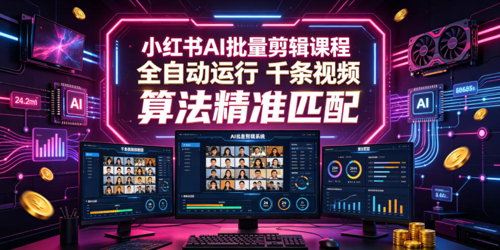 小红书AI批量剪辑课程，24小时全自动运行，解放双手专注运营，千条视频批量处理，小红书算法精准匹配-网创资源站