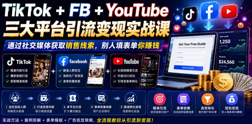 TikTok+FB+YouTube三大平台引流变现实战课，通过社交媒体获取销售线索，别人填表单你賺钱【原创双语字幕】-网创资源站