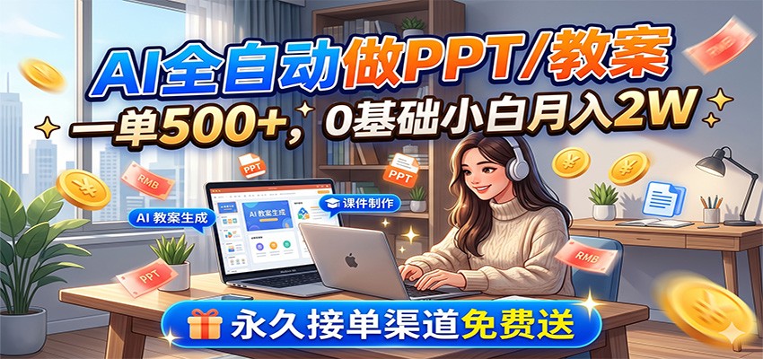 AI全自动做PPT/教案，一单500+，0基础小白月入2W，永久接单渠道免费送-网创资源站