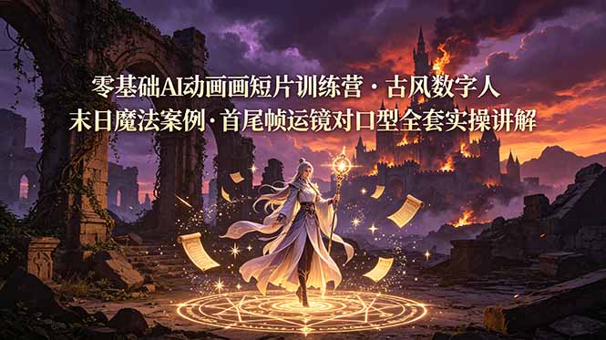 零基础AI动画短片训练营，古风数字人末日魔法案例，首尾帧运镜对口型全套实操讲解-网创资源站