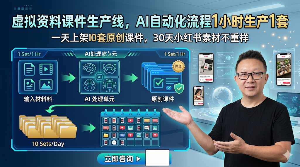 虚拟资料课件生产线，AI自动化流程1小时生产1套，一天上架10套原创课件，30天小红书素材不重样-网创资源站