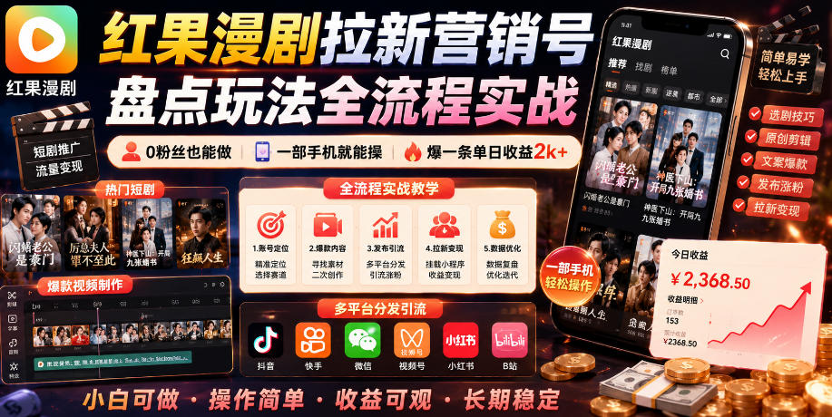 红果漫剧拉新营销号盘点玩法全流程实战，0粉丝也能做，一部手机就能做，爆一条单日收益2k+(更新0628)-网创资源站