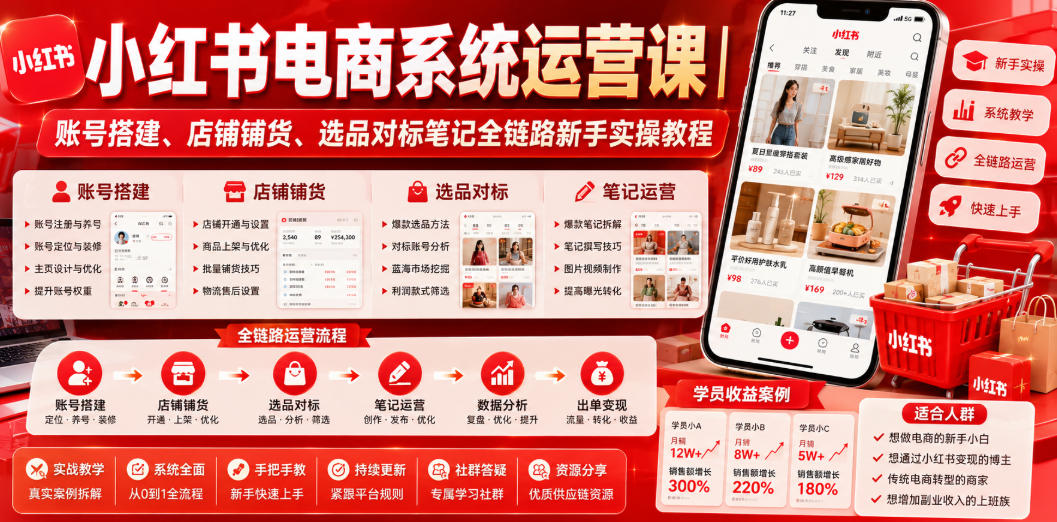小红书电商系统运营课｜账号搭建、店铺铺货、选品对标笔记全链路新手实操教程-网创资源站