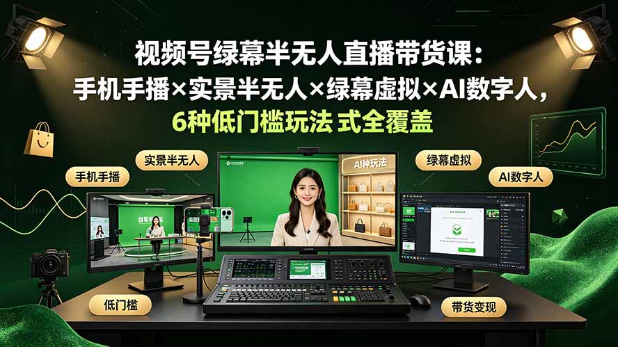 视频号绿幕半无人直播带货课：手机手播×实景半无人×绿幕虚拟×AI数字人，6种低门槛玩法全覆盖-网创资源站