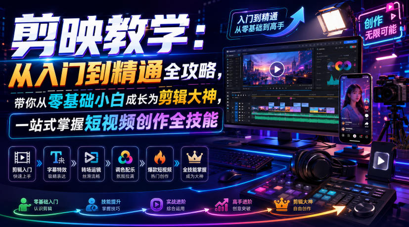 剪映教学：从入门到精通全攻略，带你从零基础小白成长为剪辑大神，一站式掌握短视频创作全技能-网创资源站