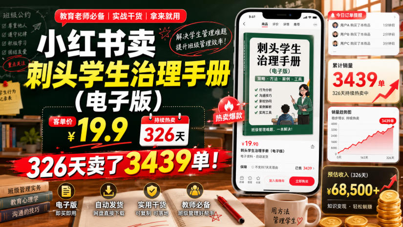 小红书卖刺头学生治理手册(电子版)，客单价19.9，326天卖了3439单！-网创资源站