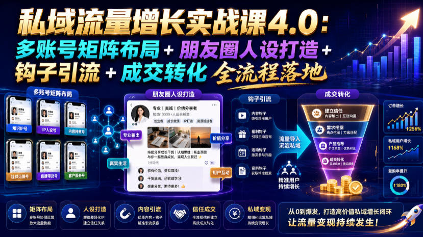 私域流量增长实战课4.0：多账号矩阵布局+朋友圈人设打造+钩子引流+成交转化全流程落地-网创资源站