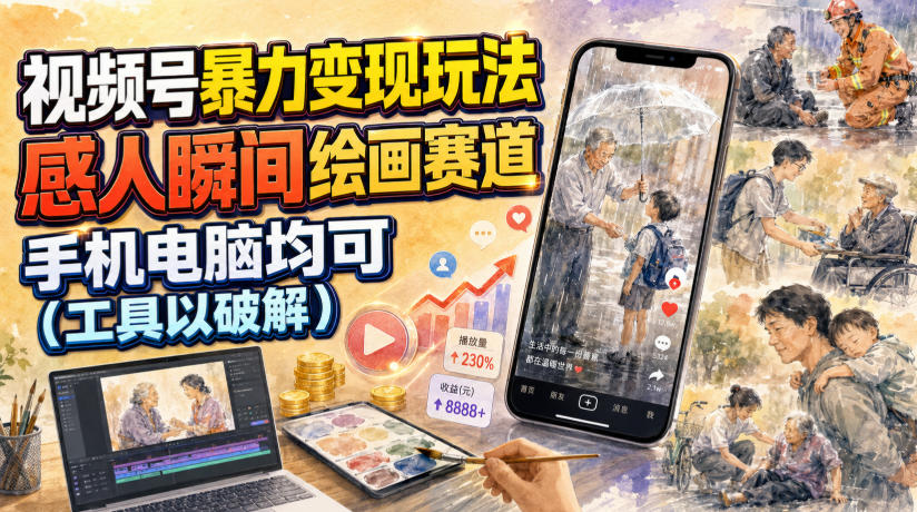 视频号暴力变现玩法，感人瞬间绘画赛道，手机电脑均可-网创资源站