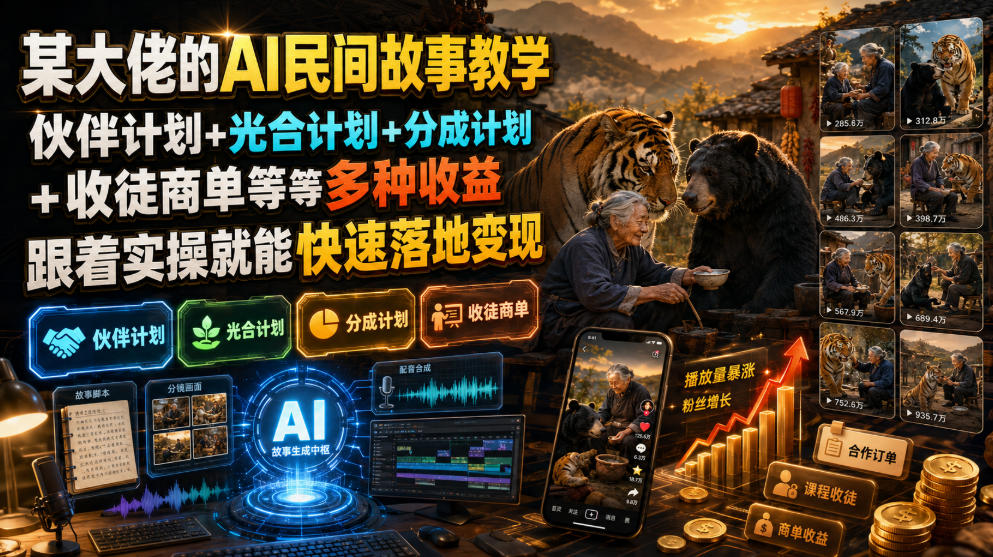 某大佬的AI民间故事教学，伙伴计划+光合计划+分成计划+收徒商单等多种收益，跟着实操就能快速落地变现-网创资源站