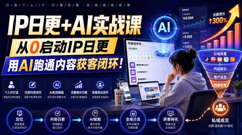 IP日更+AI实战课，从0启动IP日更，IP置顶视频制作+100条选题库搭建+10条日更规划，用AI跑通内容获客闭环!-网创资源站