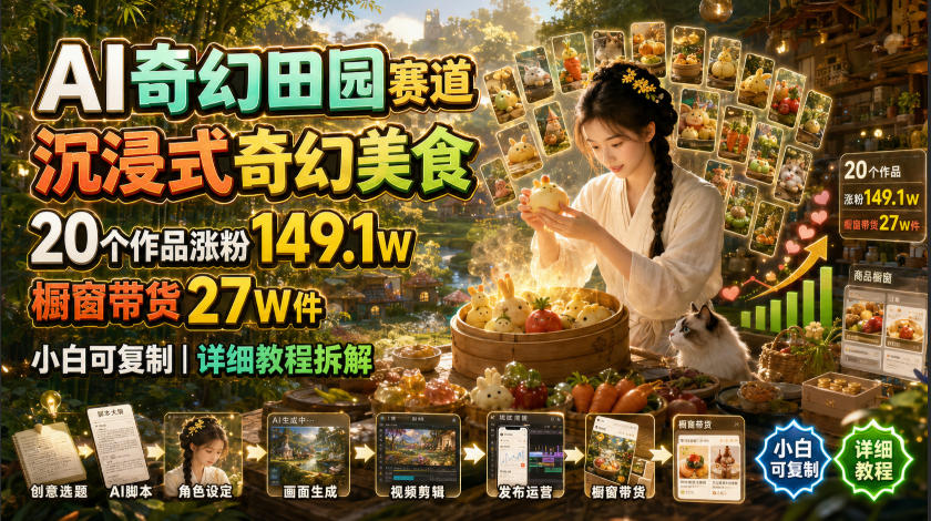 AI奇幻田园赛道，沉浸式奇幻美食，20个作品涨粉149.1W，橱窗带货27W件，小白可复制，详细教程拆解-网创资源站