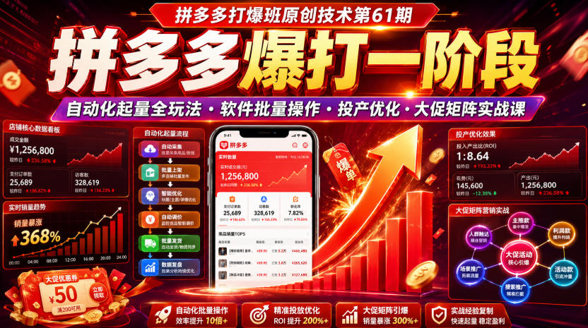 拼多多打爆班原创技术第61期，拼多多爆打一阶段，自动化起量全玩法・软件批量操作・投产优化・大促矩阵实战课-网创资源站