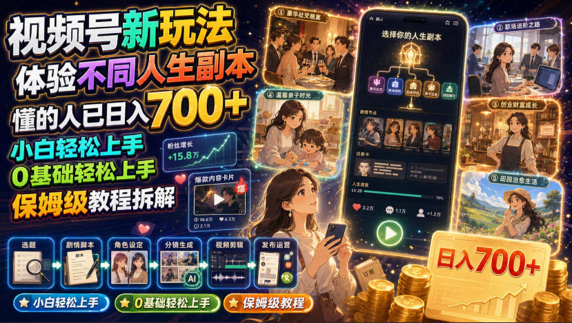 视频号新玩法体验不同人生副本，懂的人已日入700+，小白轻松上手，0基础轻松上手，保姆级教程拆解-网创资源站