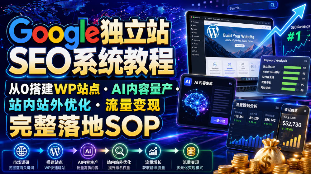 Google独立站SEO系统教程，从0搭建WP站点・AI内容量产・站内站外优化・流量变现完整落地SOP(2026年7月)-网创资源站