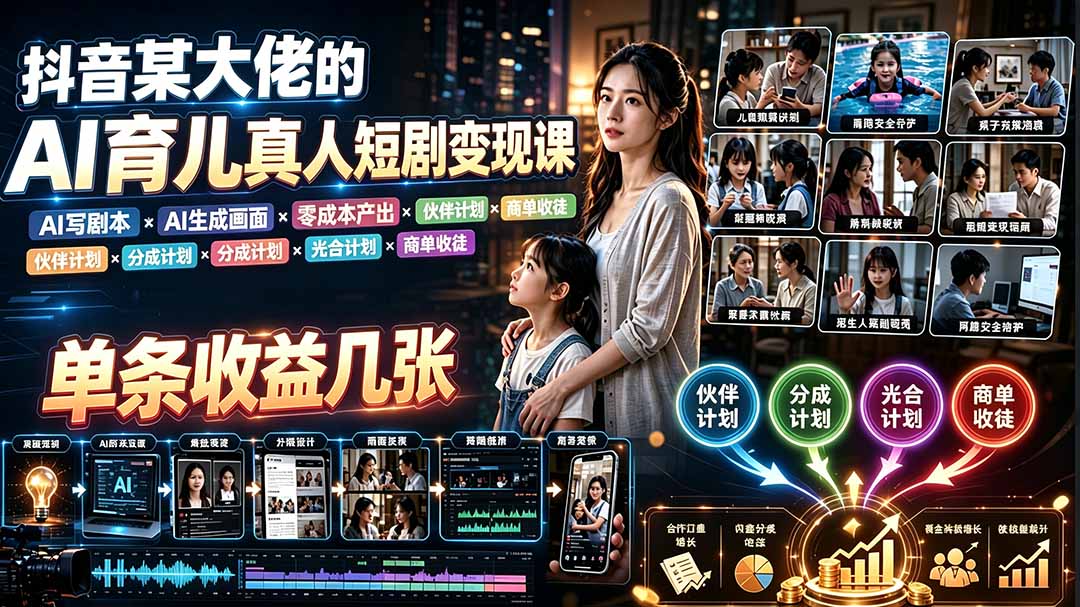 AI育儿真人短剧变现课：AI写剧本×AI生成画面×零成本产出×伙伴计划×分成计划×光合计划×商单收徒-网创资源站