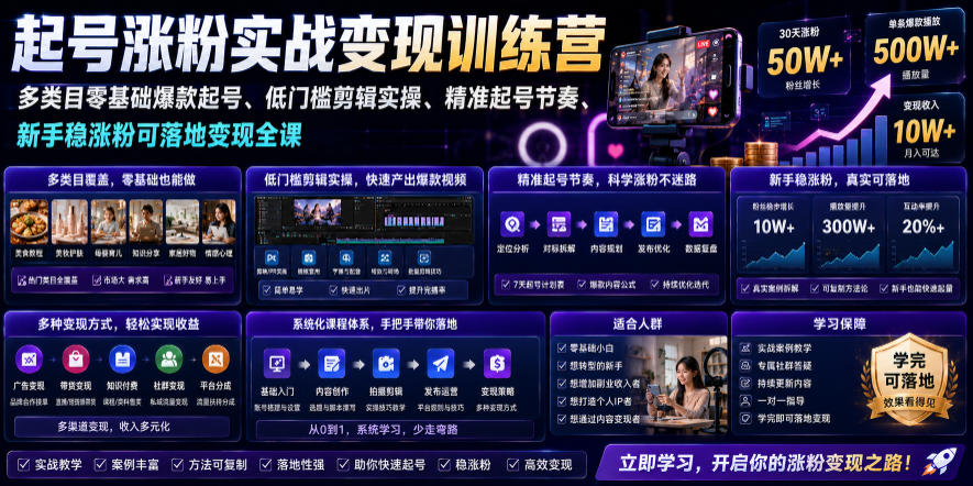 苗子起号涨粉实战变现训练营，多类目零基础爆款起号、精准起号节奏、新手稳涨粉可落地变现全课(更新0719)-网创资源站