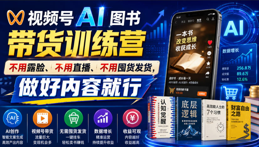 视频号AI图书带货训练营，不用露脸、不用直播、不用囤货发货，做好内容就行，一条爆款视频佣金8942-网创资源站