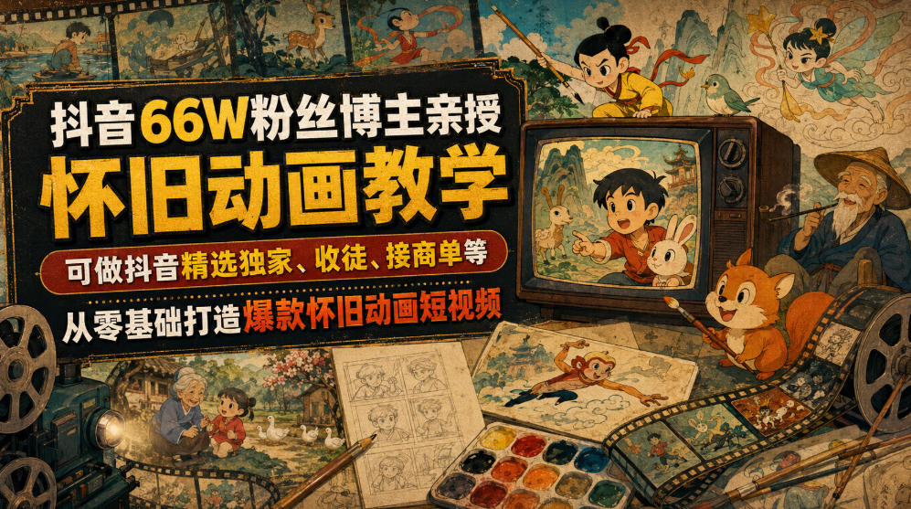 抖音66W粉丝博主亲授怀旧动画教学，可做抖音精选独家、收徒、接商单等，从零基础打造爆款怀旧动画短视频-网创资源站