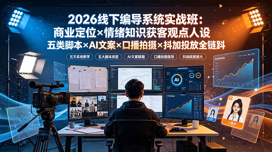 2026线下编导系统实战班：商业定位×情绪知识获客观点人设五类脚本×AI文案×口播拍摄×抖加投放全链路-网创资源站
